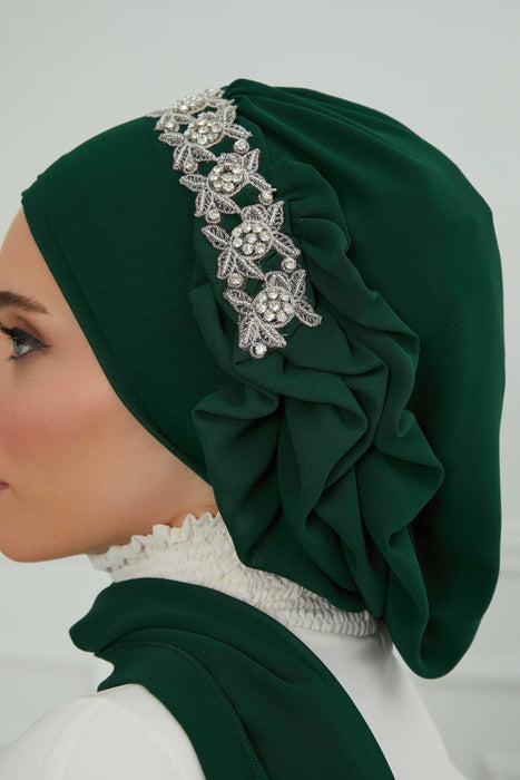 Side Frilled Instant Turban Chiffon Scarf Head Turbans with Unique Accessory For Women Headwear Stylish Elegant Design,HT-100 Dark Green