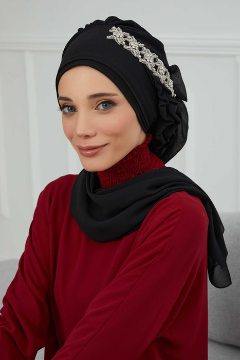 Side Frilled Instant Turban Chiffon Scarf Head Turbans with Unique Accessory For Women Headwear Stylish Elegant Design,HT-100 Black