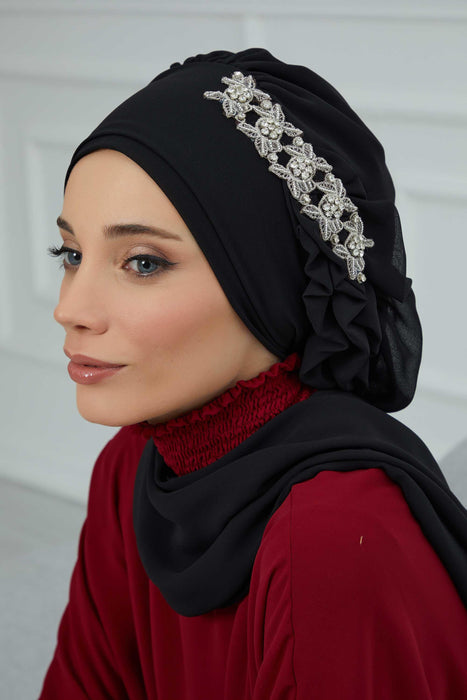 Side Frilled Instant Turban Chiffon Scarf Head Turbans with Unique Accessory For Women Headwear Stylish Elegant Design,HT-100 Black