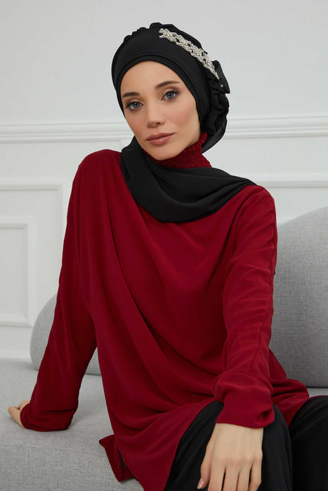 Side Frilled Instant Turban Chiffon Scarf Head Turbans with Unique Accessory For Women Headwear Stylish Elegant Design,HT-100 Black