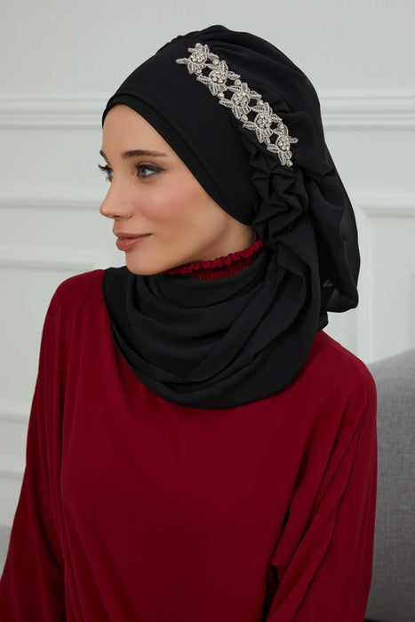Side Frilled Instant Turban Chiffon Scarf Head Turbans with Unique Accessory For Women Headwear Stylish Elegant Design,HT-100 Black
