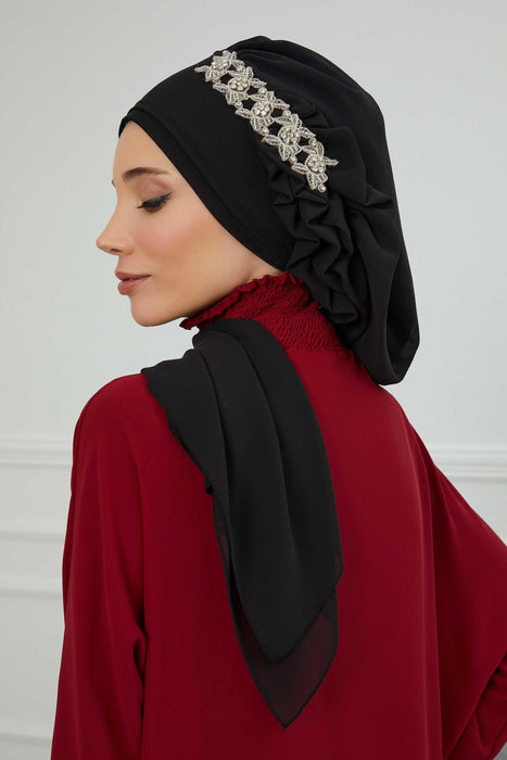 Side Frilled Instant Turban Chiffon Scarf Head Turbans with Unique Accessory For Women Headwear Stylish Elegant Design,HT-100 Black