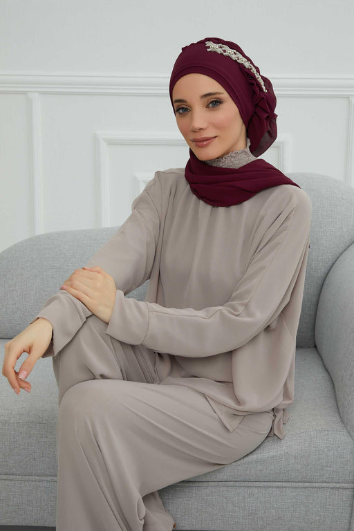 Side Frilled Instant Turban Chiffon Scarf Head Turbans with Unique Accessory For Women Headwear Stylish Elegant Design,HT-100 Damson