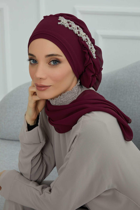 Side Frilled Instant Turban Chiffon Scarf Head Turbans with Unique Accessory For Women Headwear Stylish Elegant Design,HT-100 Damson
