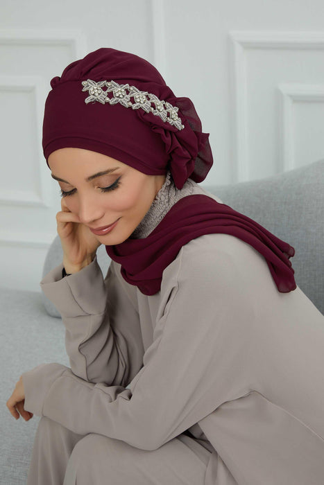 Side Frilled Instant Turban Chiffon Scarf Head Turbans with Unique Accessory For Women Headwear Stylish Elegant Design,HT-100 Damson