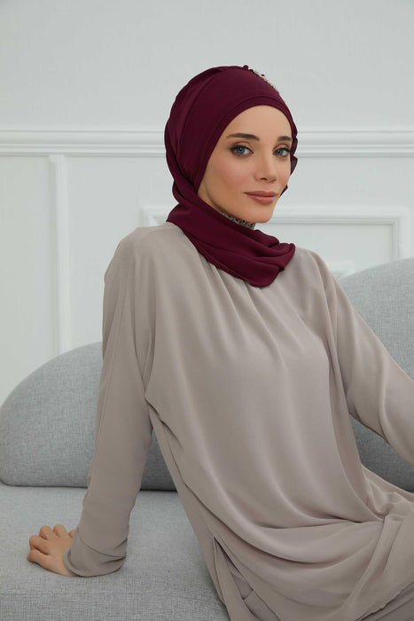 Side Frilled Instant Turban Chiffon Scarf Head Turbans with Unique Accessory For Women Headwear Stylish Elegant Design,HT-100 Damson