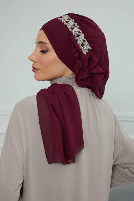 Side Frilled Instant Turban Chiffon Scarf Head Turbans with Unique Accessory For Women Headwear Stylish Elegant Design,HT-100 Damson