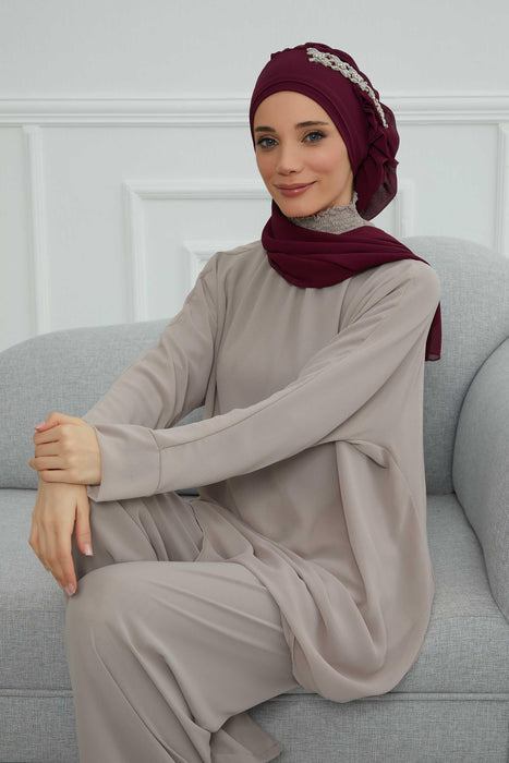 Side Frilled Instant Turban Chiffon Scarf Head Turbans with Unique Accessory For Women Headwear Stylish Elegant Design,HT-100 Damson