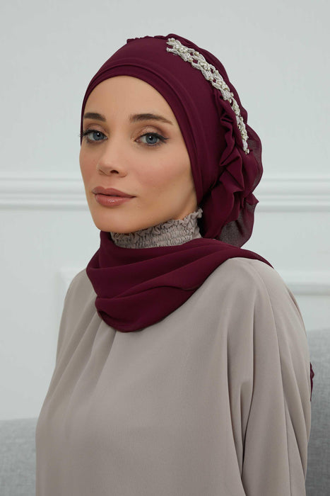 Side Frilled Instant Turban Chiffon Scarf Head Turbans with Unique Accessory For Women Headwear Stylish Elegant Design,HT-100