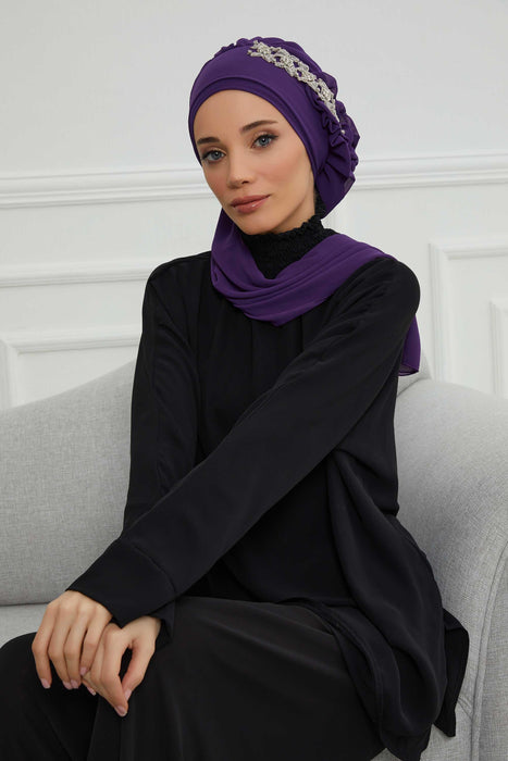 Side Frilled Instant Turban Chiffon Scarf Head Turbans with Unique Accessory For Women Headwear Stylish Elegant Design,HT-100 Purple