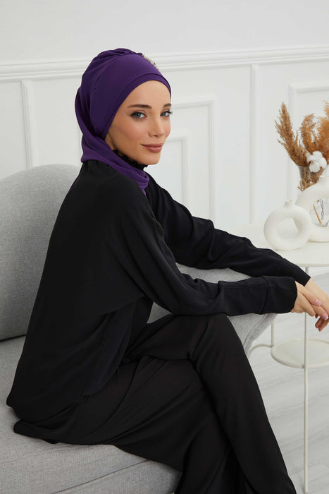 Side Frilled Instant Turban Chiffon Scarf Head Turbans with Unique Accessory For Women Headwear Stylish Elegant Design,HT-100 Purple