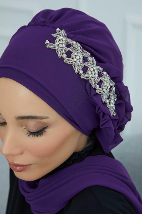 Side Frilled Instant Turban Chiffon Scarf Head Turbans with Unique Accessory For Women Headwear Stylish Elegant Design,HT-100