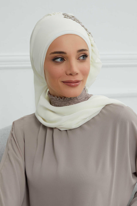 Side Frilled Instant Turban Chiffon Scarf Head Turbans with Unique Accessory For Women Headwear Stylish Elegant Design,HT-100 Ivory