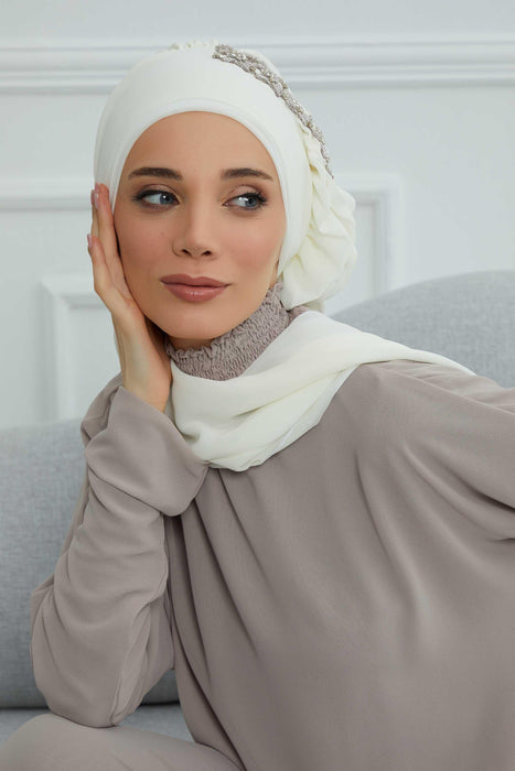 Side Frilled Instant Turban Chiffon Scarf Head Turbans with Unique Accessory For Women Headwear Stylish Elegant Design,HT-100 Ivory