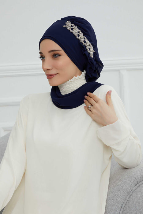 Side Frilled Instant Turban Chiffon Scarf Head Turbans with Unique Accessory For Women Headwear Stylish Elegant Design,HT-100 Navy Blue