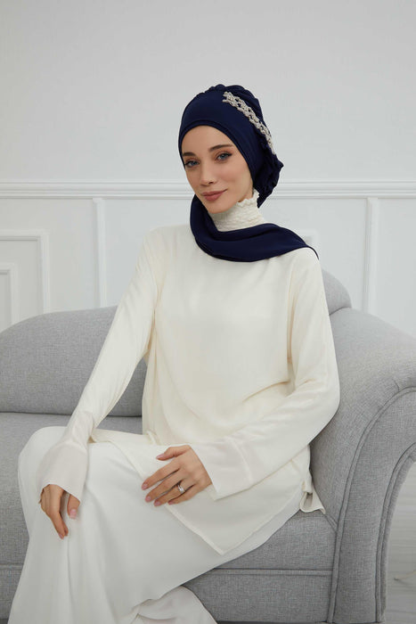 Side Frilled Instant Turban Chiffon Scarf Head Turbans with Unique Accessory For Women Headwear Stylish Elegant Design,HT-100 Navy Blue