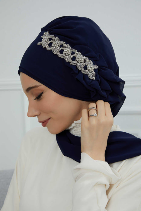 Side Frilled Instant Turban Chiffon Scarf Head Turbans with Unique Accessory For Women Headwear Stylish Elegant Design,HT-100 Navy Blue