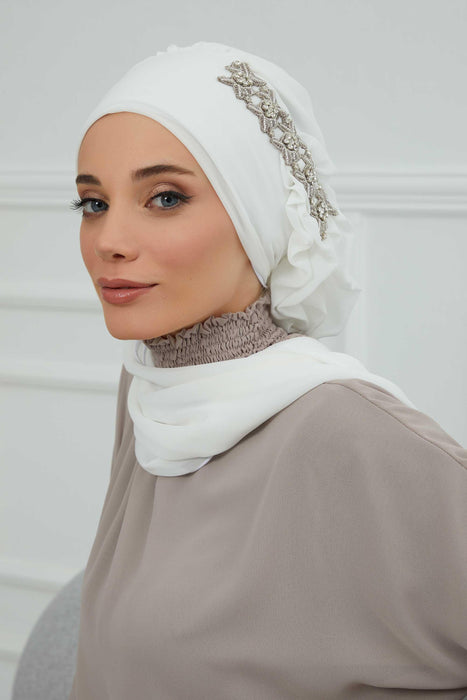 Side Frilled Instant Turban Chiffon Scarf Head Turbans with Unique Accessory For Women Headwear Stylish Elegant Design,HT-100 Off-White