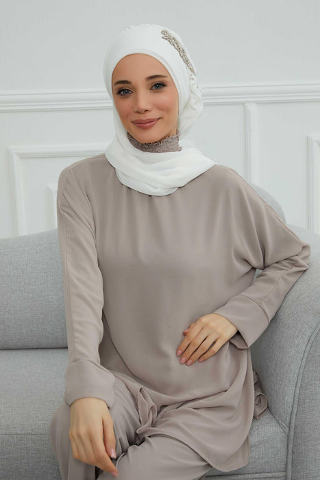 Side Frilled Instant Turban Chiffon Scarf Head Turbans with Unique Accessory For Women Headwear Stylish Elegant Design,HT-100 Off-White