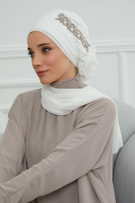 Side Frilled Instant Turban Chiffon Scarf Head Turbans with Unique Accessory For Women Headwear Stylish Elegant Design,HT-100 Off-White
