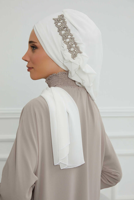 Side Frilled Instant Turban Chiffon Scarf Head Turbans with Unique Accessory For Women Headwear Stylish Elegant Design,HT-100 Off-White