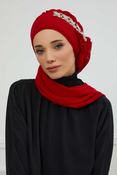 Side Frilled Instant Turban Chiffon Scarf Head Turbans with Unique Accessory For Women Headwear Stylish Elegant Design,HT-100 Red