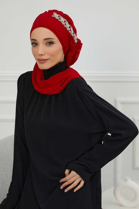 Side Frilled Instant Turban Chiffon Scarf Head Turbans with Unique Accessory For Women Headwear Stylish Elegant Design,HT-100 Red