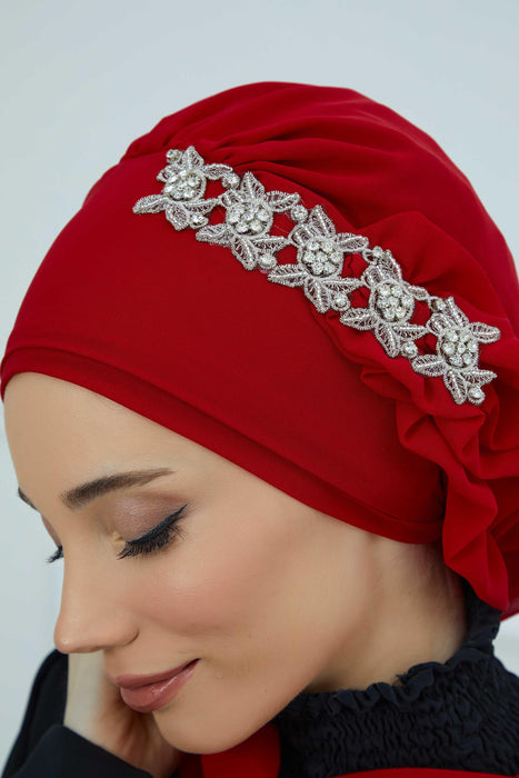 Side Frilled Instant Turban Chiffon Scarf Head Turbans with Unique Accessory For Women Headwear Stylish Elegant Design,HT-100 Red