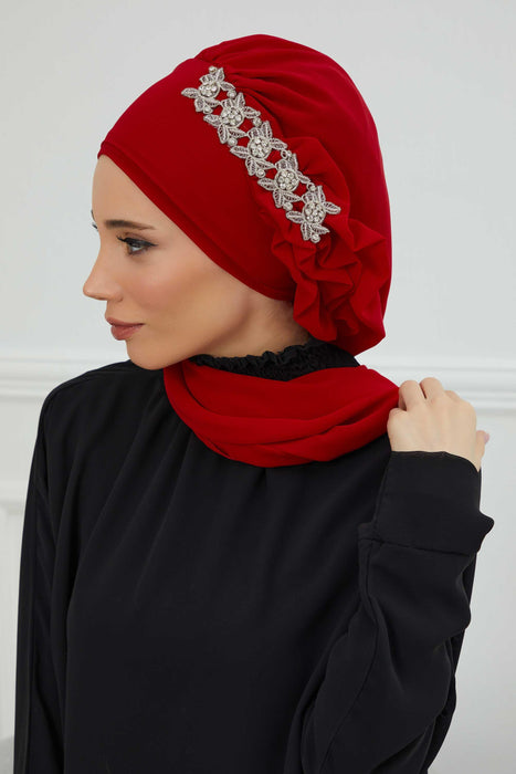 Side Frilled Instant Turban Chiffon Scarf Head Turbans with Unique Accessory For Women Headwear Stylish Elegant Design,HT-100 Red