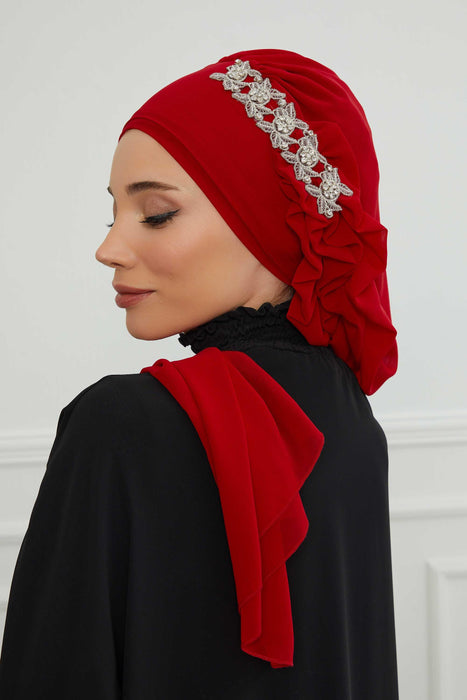 Side Frilled Instant Turban Chiffon Scarf Head Turbans with Unique Accessory For Women Headwear Stylish Elegant Design,HT-100 Red