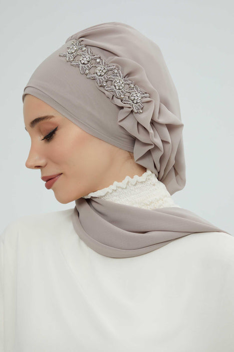 Side Frilled Instant Turban Chiffon Scarf Head Turbans with Unique Accessory For Women Headwear Stylish Elegant Design,HT-100 Mink