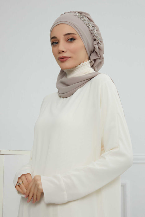Side Frilled Instant Turban Chiffon Scarf Head Turbans with Unique Accessory For Women Headwear Stylish Elegant Design,HT-100 Mink