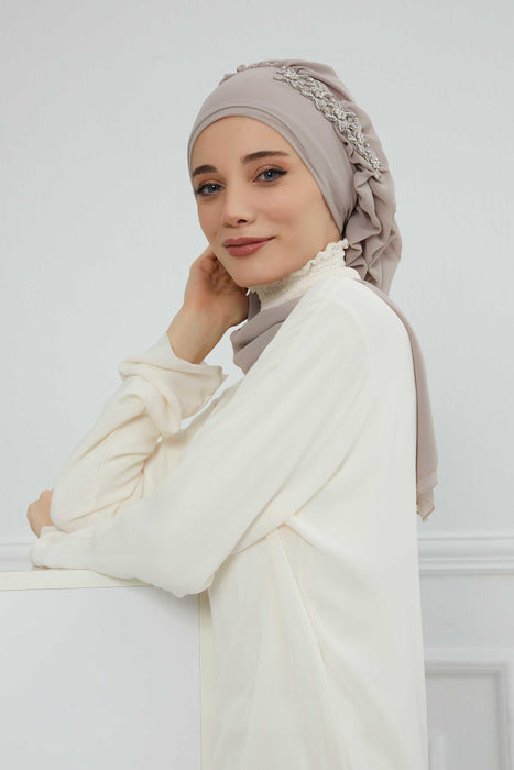 Side Frilled Instant Turban Chiffon Scarf Head Turbans with Unique Accessory For Women Headwear Stylish Elegant Design,HT-100 Mink