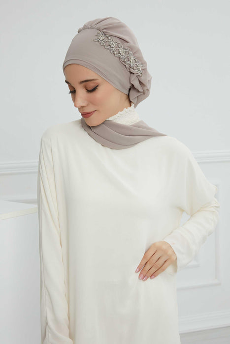 Side Frilled Instant Turban Chiffon Scarf Head Turbans with Unique Accessory For Women Headwear Stylish Elegant Design,HT-100 Mink