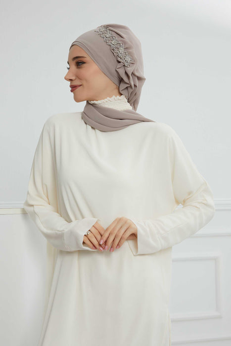 Side Frilled Instant Turban Chiffon Scarf Head Turbans with Unique Accessory For Women Headwear Stylish Elegant Design,HT-100 Mink