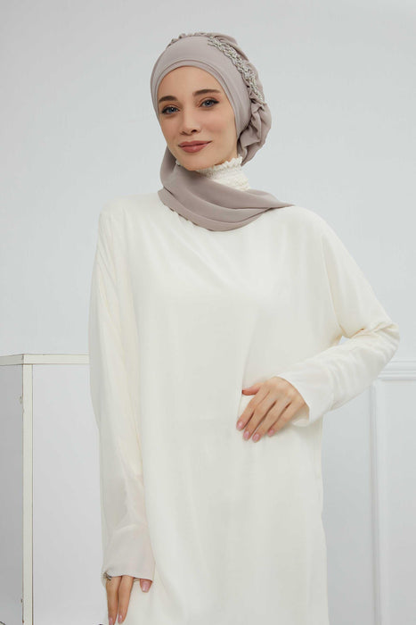 Side Frilled Instant Turban Chiffon Scarf Head Turbans with Unique Accessory For Women Headwear Stylish Elegant Design,HT-100 Mink