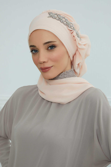 Side Frilled Instant Turban Chiffon Scarf Head Turbans with Unique Accessory For Women Headwear Stylish Elegant Design,HT-100