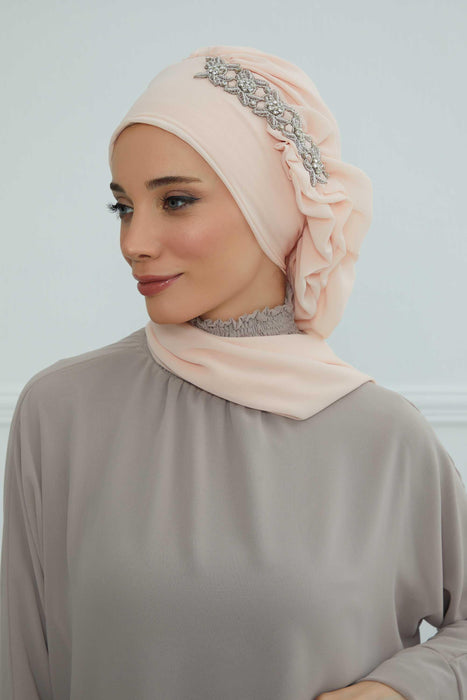 Side Frilled Instant Turban Chiffon Scarf Head Turbans with Unique Accessory For Women Headwear Stylish Elegant Design,HT-100 Beige