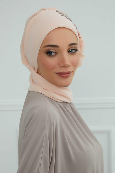Side Frilled Instant Turban Chiffon Scarf Head Turbans with Unique Accessory For Women Headwear Stylish Elegant Design,HT-100 Beige