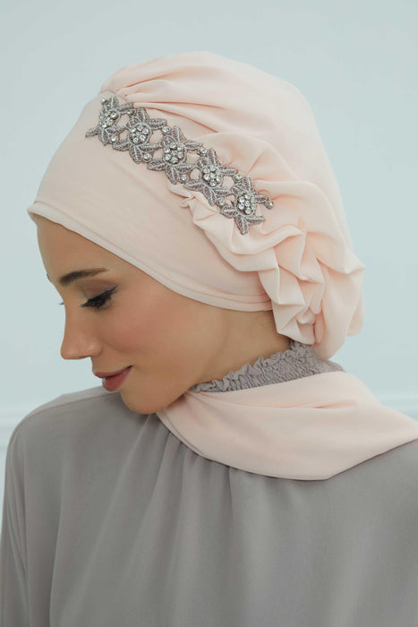 Side Frilled Instant Turban Chiffon Scarf Head Turbans with Unique Accessory For Women Headwear Stylish Elegant Design,HT-100