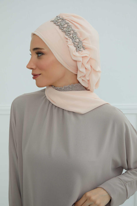 Side Frilled Instant Turban Chiffon Scarf Head Turbans with Unique Accessory For Women Headwear Stylish Elegant Design,HT-100