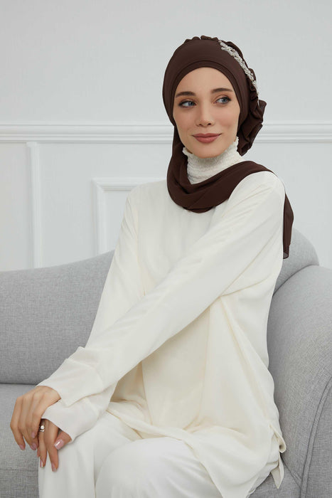 Side Frilled Instant Turban Chiffon Scarf Head Turbans with Unique Accessory For Women Headwear Stylish Elegant Design,HT-100 Brown