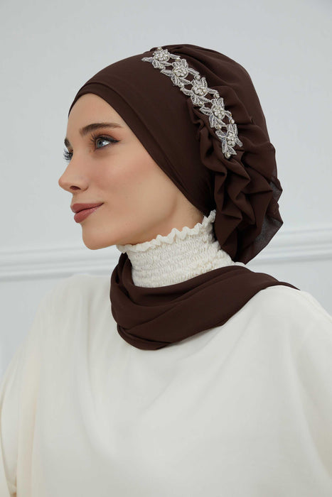 Side Frilled Instant Turban Chiffon Scarf Head Turbans with Unique Accessory For Women Headwear Stylish Elegant Design,HT-100 Brown
