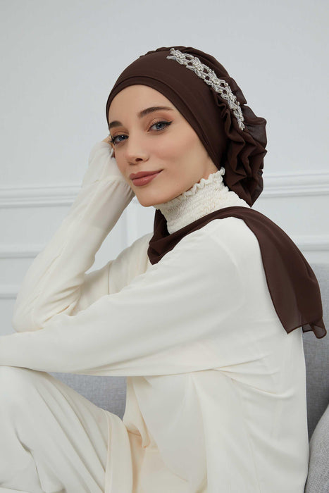Side Frilled Instant Turban Chiffon Scarf Head Turbans with Unique Accessory For Women Headwear Stylish Elegant Design,HT-100 Brown