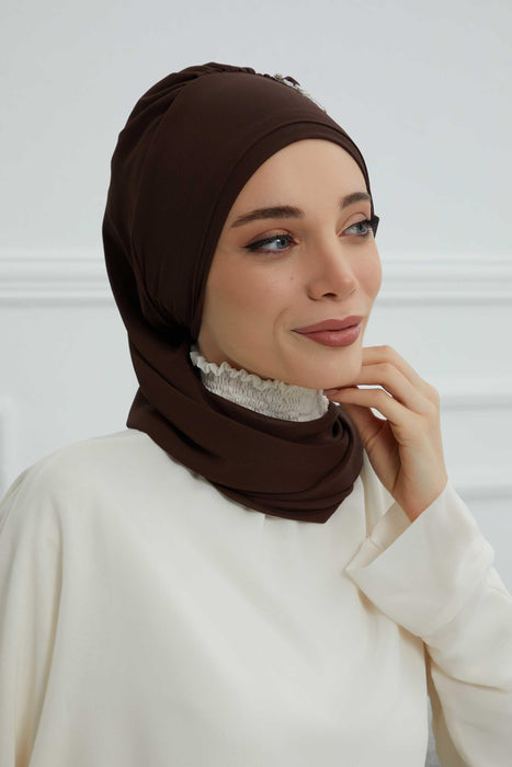 Side Frilled Instant Turban Chiffon Scarf Head Turbans with Unique Accessory For Women Headwear Stylish Elegant Design,HT-100 Brown