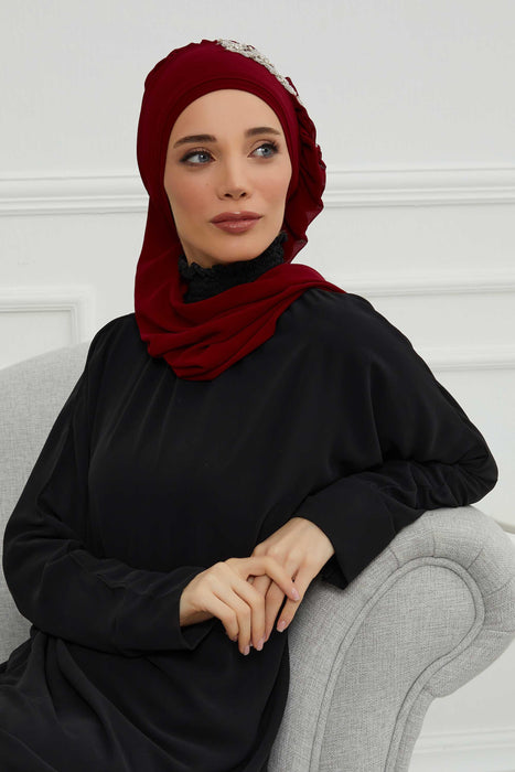 Side Frilled Instant Turban Chiffon Scarf Head Turbans with Unique Accessory For Women Headwear Stylish Elegant Design,HT-100 Maroon