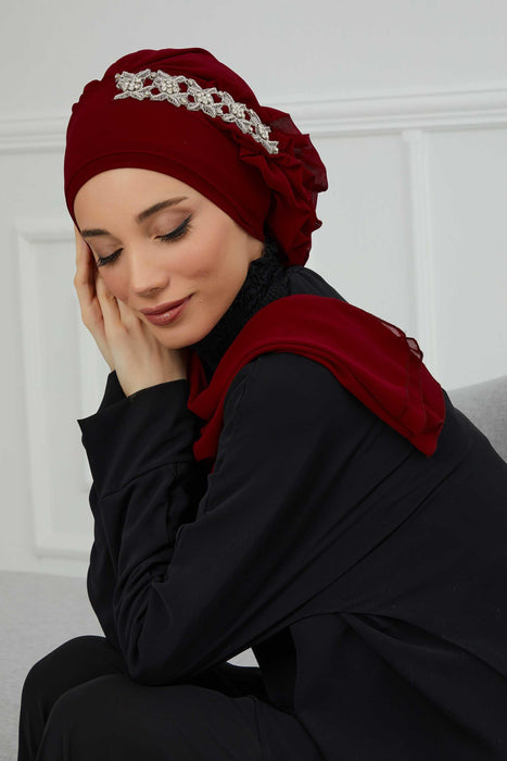 Side Frilled Instant Turban Chiffon Scarf Head Turbans with Unique Accessory For Women Headwear Stylish Elegant Design,HT-100