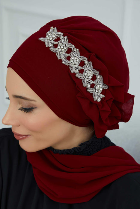 Side Frilled Instant Turban Chiffon Scarf Head Turbans with Unique Accessory For Women Headwear Stylish Elegant Design,HT-100 Maroon