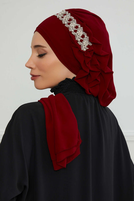Side Frilled Instant Turban Chiffon Scarf Head Turbans with Unique Accessory For Women Headwear Stylish Elegant Design,HT-100 Maroon