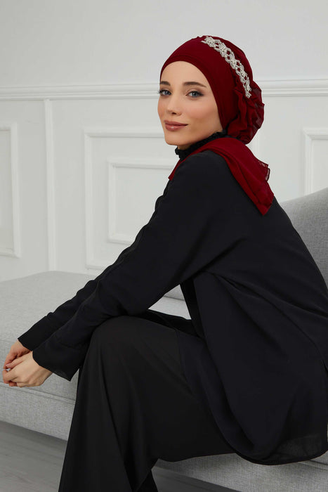 Side Frilled Instant Turban Chiffon Scarf Head Turbans with Unique Accessory For Women Headwear Stylish Elegant Design,HT-100 Maroon